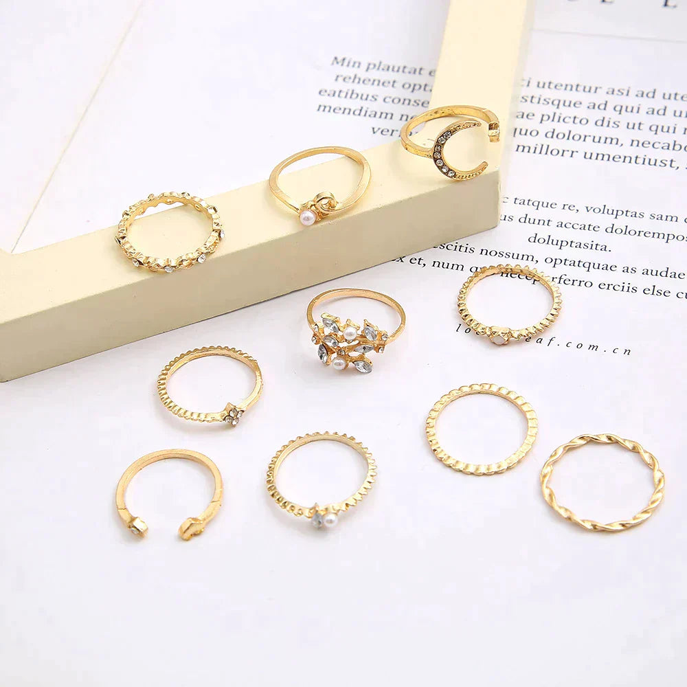 Set di 10 anelli bohemien in argento e oro