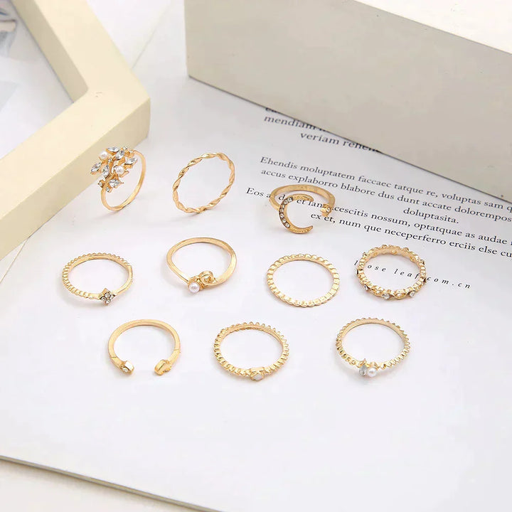 Set di 10 anelli bohemien in argento e oro