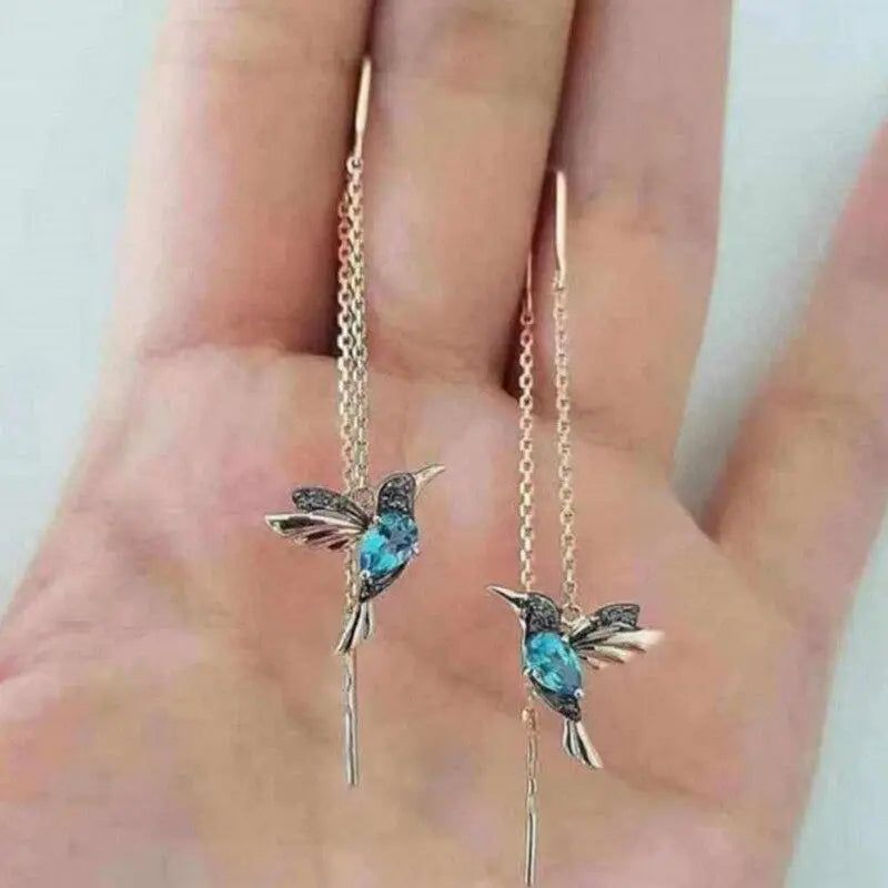 Orecchini a Filo con Colibrì in Oro e Cristalli